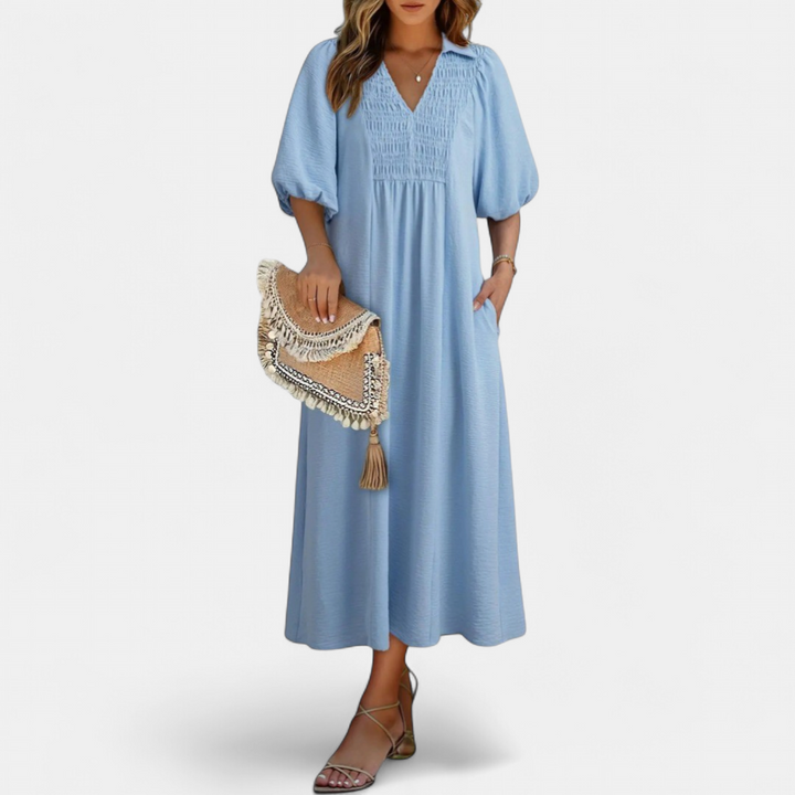 Women's Puff Sleeve V Neck Midi Dress, Collar Side Pocket