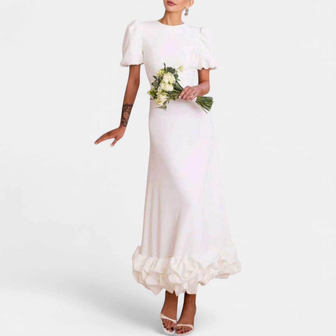 Women's Puff Sleeve Midi Dress, Round Neck Ruffle Hem Hourglass Fit
