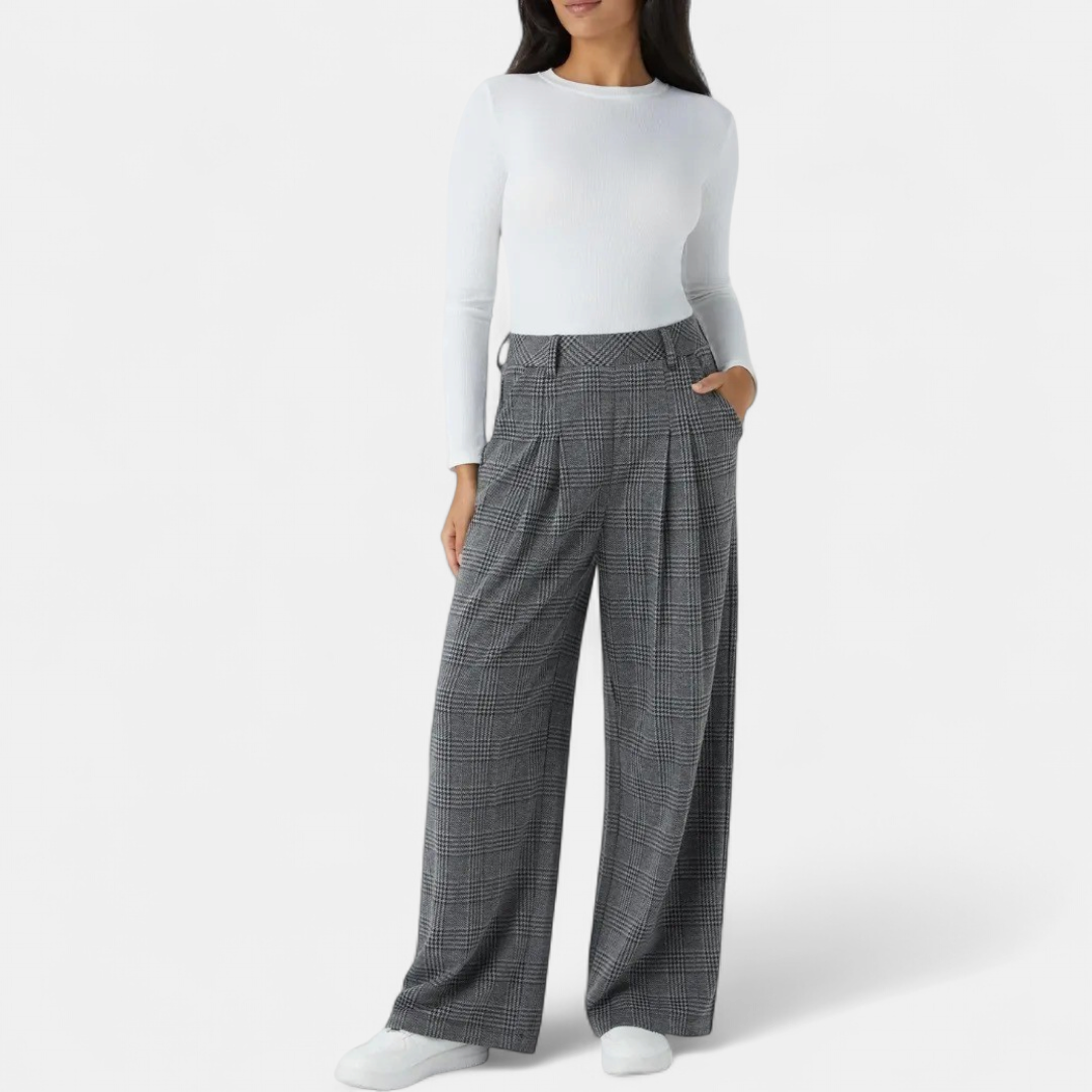 Women's Work Trousers, Belt Loop High Waist Glen Plaid