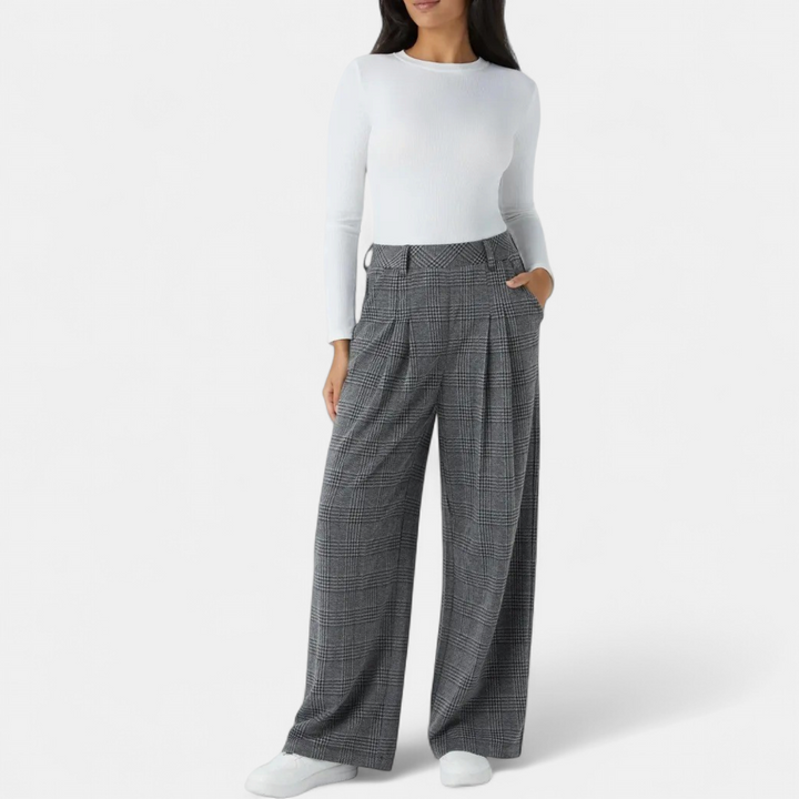 Women's Work Trousers, Belt Loop High Waist Glen Plaid