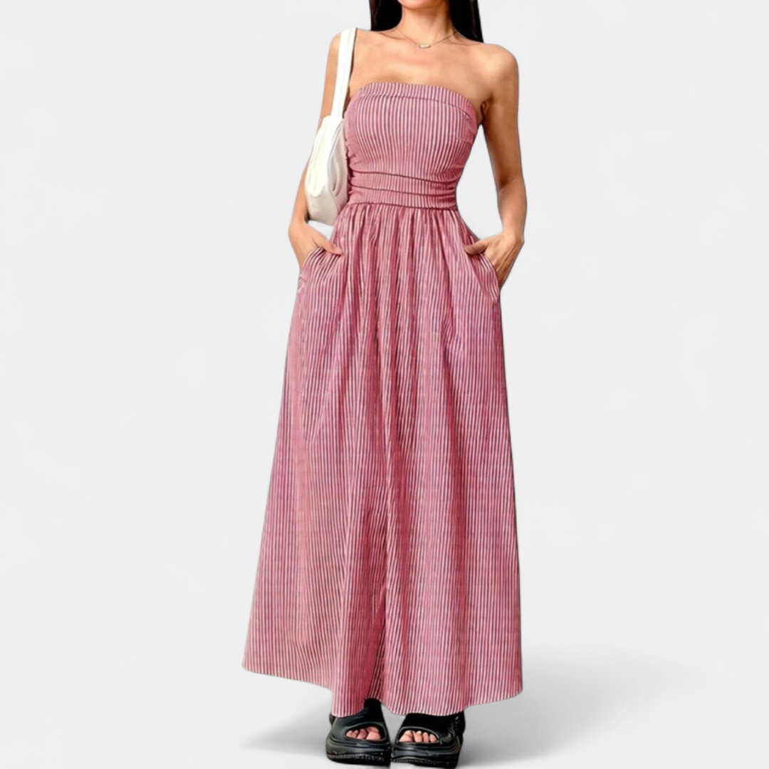 Women's Strapless Ruched Maxi Dress, Pinstripe Side Pocket A Line