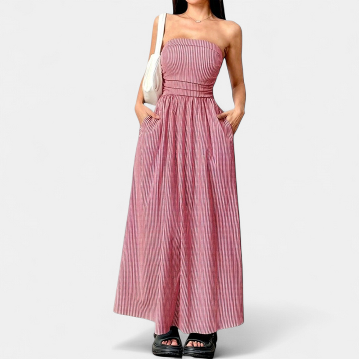Women's Strapless Ruched Maxi Dress, Pinstripe Side Pocket A Line