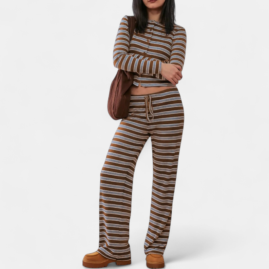 Women's Lounge Set, Stripe Wide Leg Stretchy High Neck