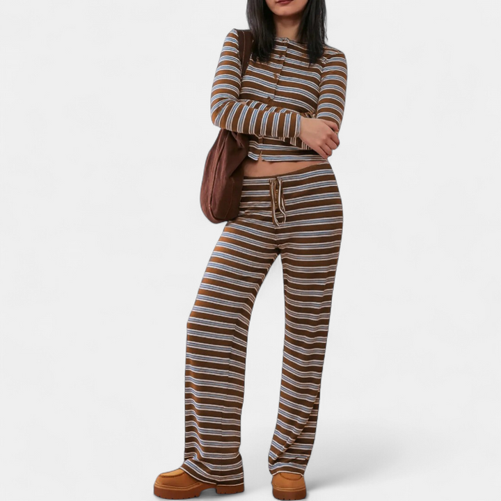 Women's Lounge Set, Stripe Wide Leg Stretchy High Neck
