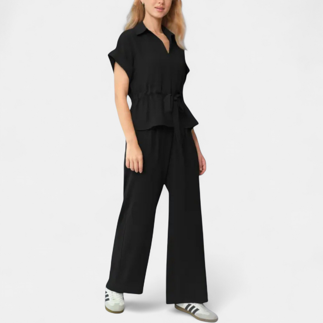 Women's Coord Set, V Neck Relaxed Wide Leg Collared