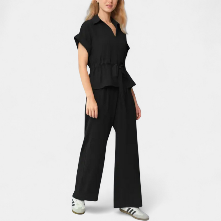 Women's Coord Set, V Neck Relaxed Wide Leg Collared
