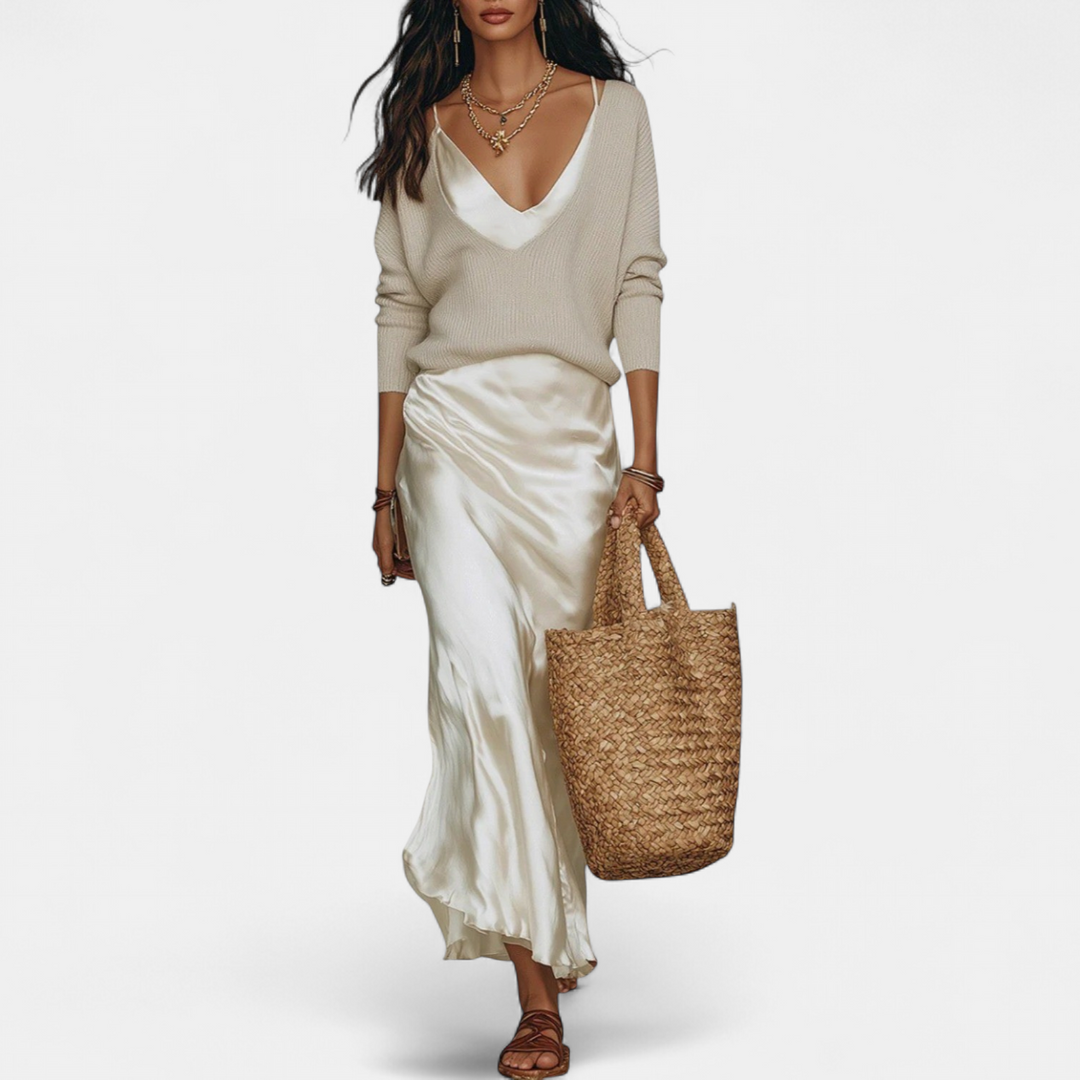 Women's Coord Set, Midi Satin Relaxed Ribbed Knit A Line