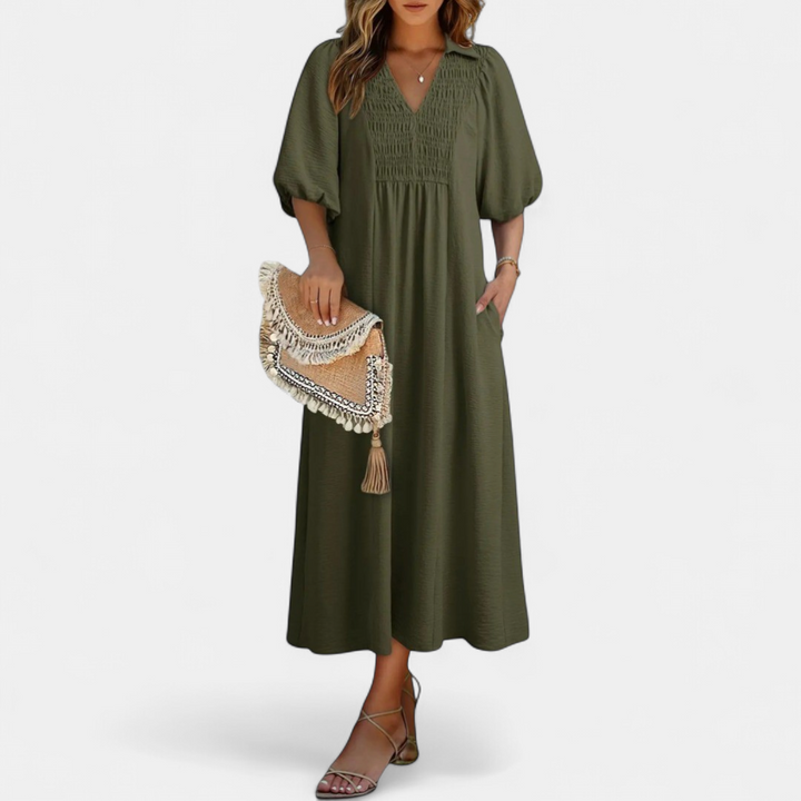 Women's Puff Sleeve V Neck Midi Dress, Collar Side Pocket