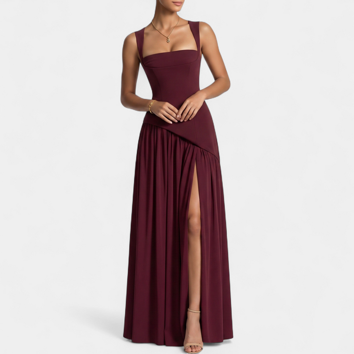 Women's Strapless Corset Maxi Dress, Pleated Back Zip