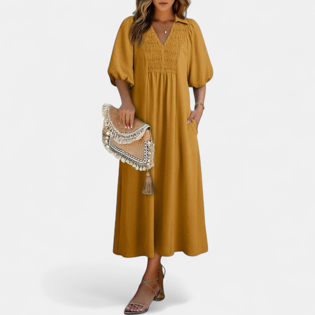 Women's Puff Sleeve V Neck Midi Dress, Collar Side Pocket
