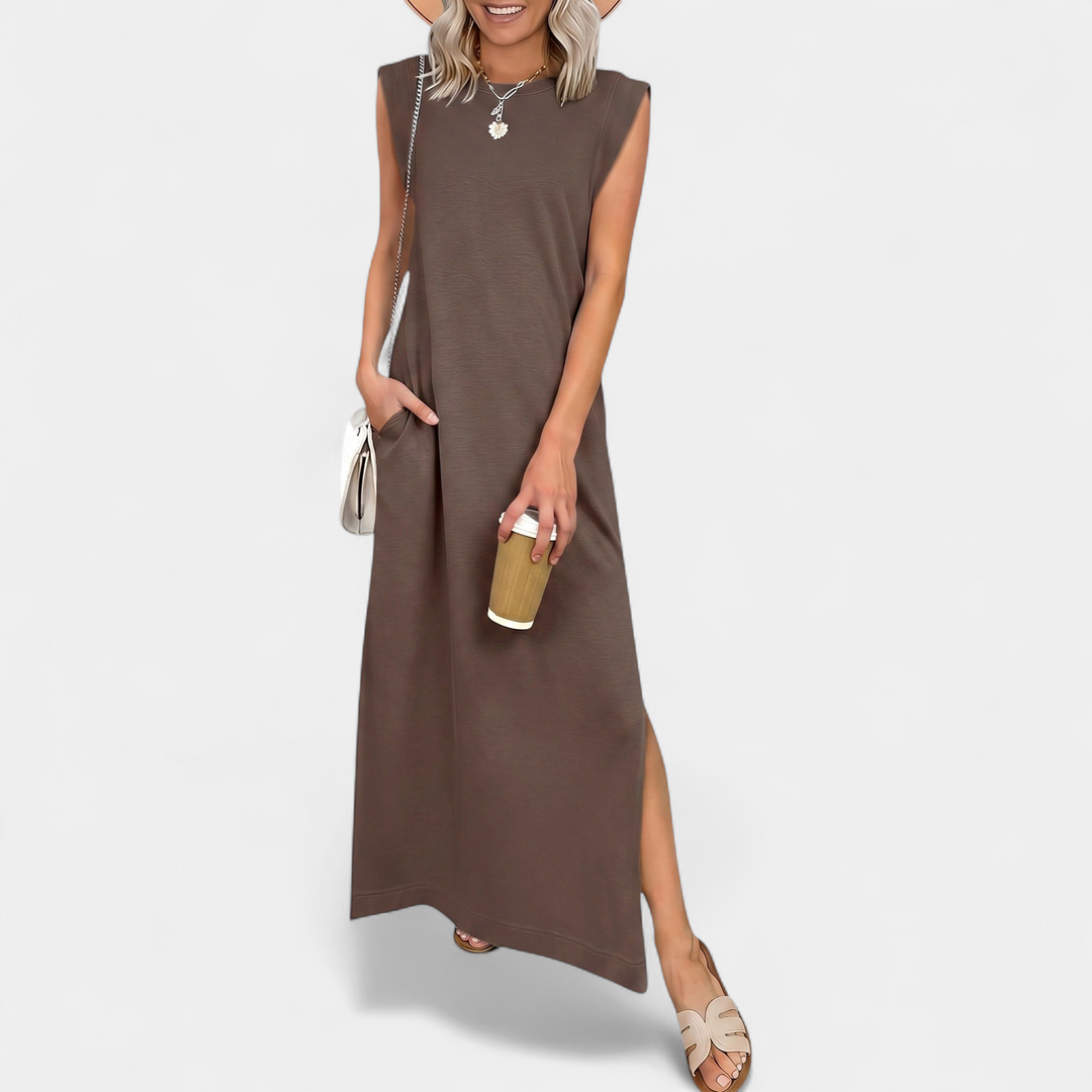 Women's Sleeveless Slit Maxi Dress, Crew Neck Side Pocket