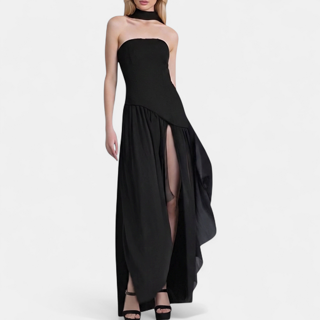 Women's Strapless Corset Maxi Dress, Pleated Back Zip