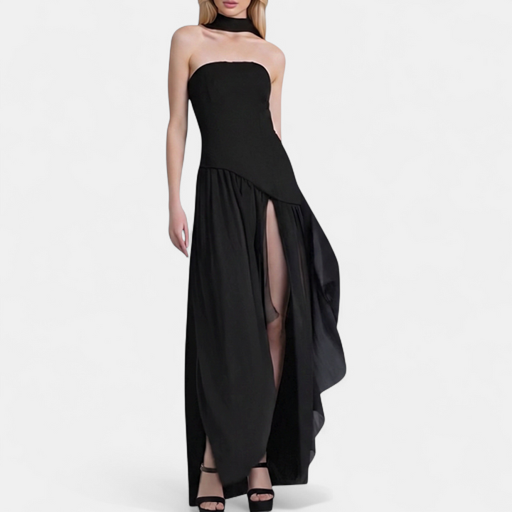 Women's Strapless Corset Maxi Dress, Pleated Back Zip