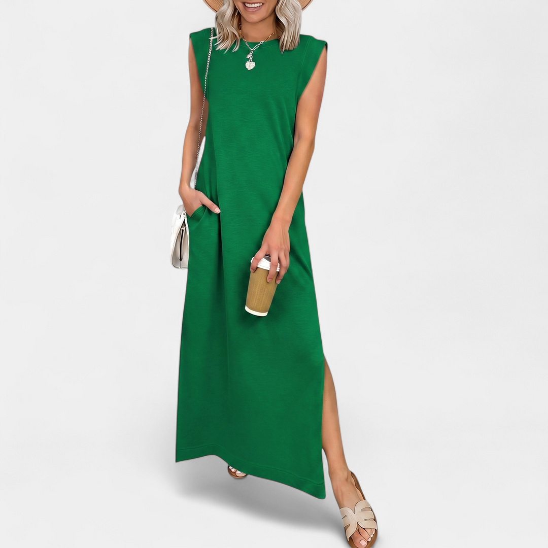 Women's Sleeveless Slit Maxi Dress, Crew Neck Side Pocket