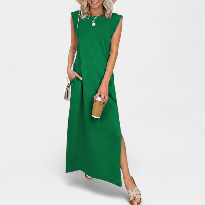 Women's Sleeveless Slit Maxi Dress, Crew Neck Side Pocket