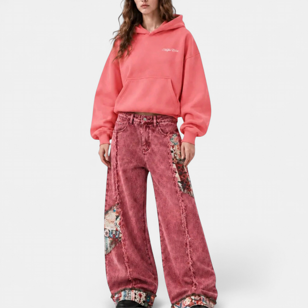 Women's Wide Leg High Waist Baggy Jeans, Denim Patchwork
