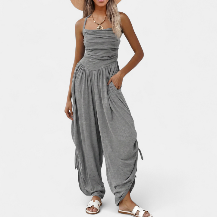 Women's Wide Leg Jumpsuit, Square Neck Ruched Side Pocket