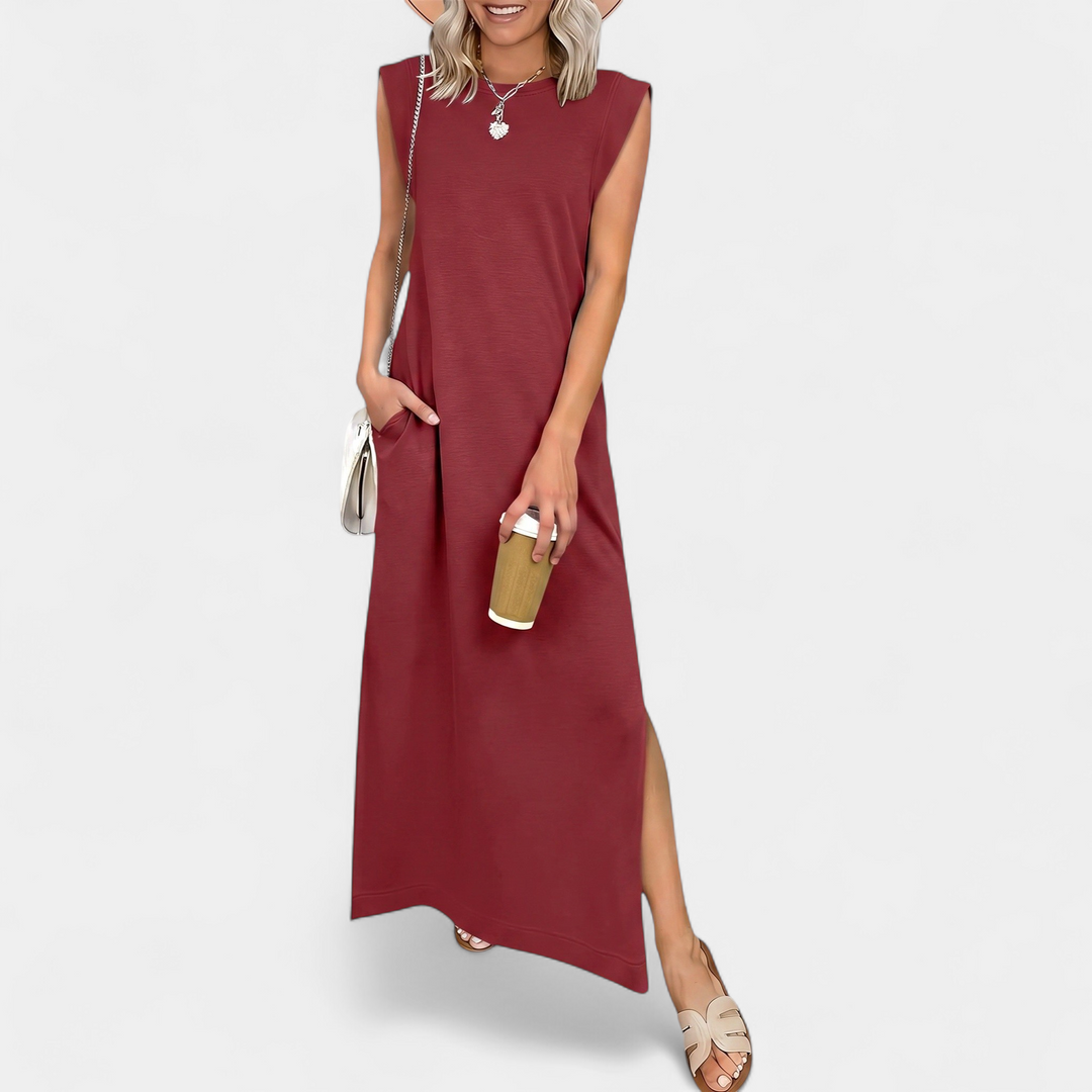 Women's Sleeveless Slit Maxi Dress, Crew Neck Side Pocket