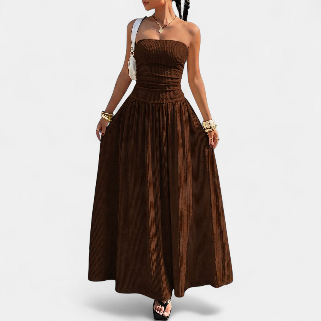 Women's Strapless Maxi Dress, Ruched Ribbed Stretch A Line