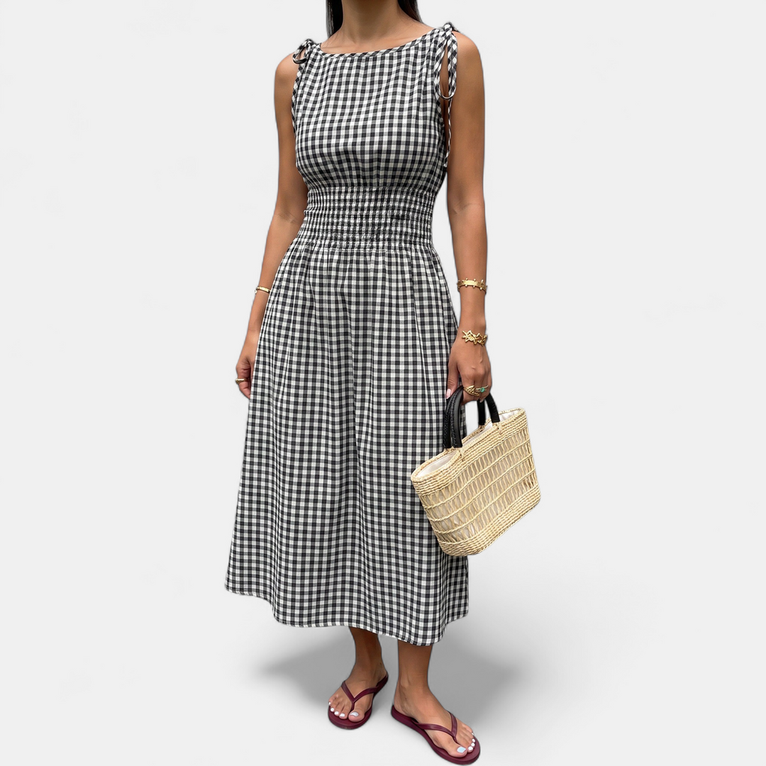 Women's Check Ruffle Midi Dress, Strappy Gingham Slit
