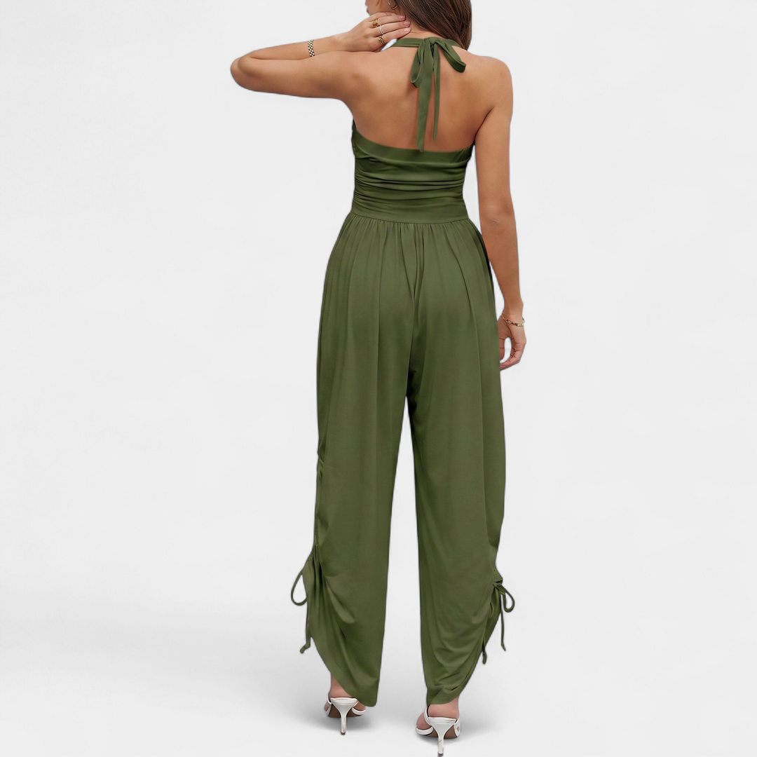 Women's Wide Leg Jumpsuit, Square Neck Ruched Side Pocket