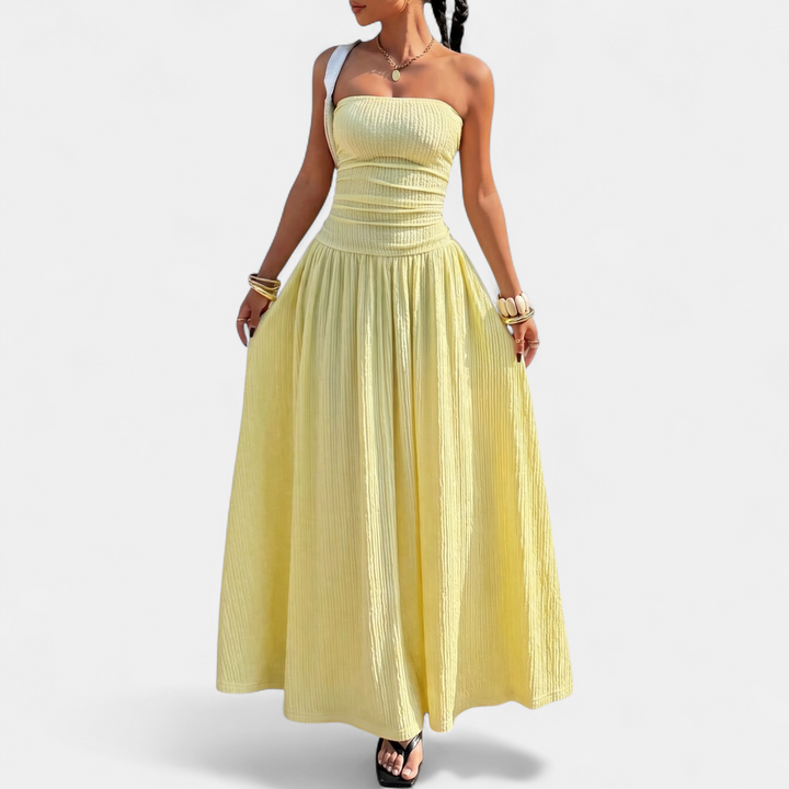 Women's Strapless Maxi Dress, Ruched Ribbed Stretch A Line