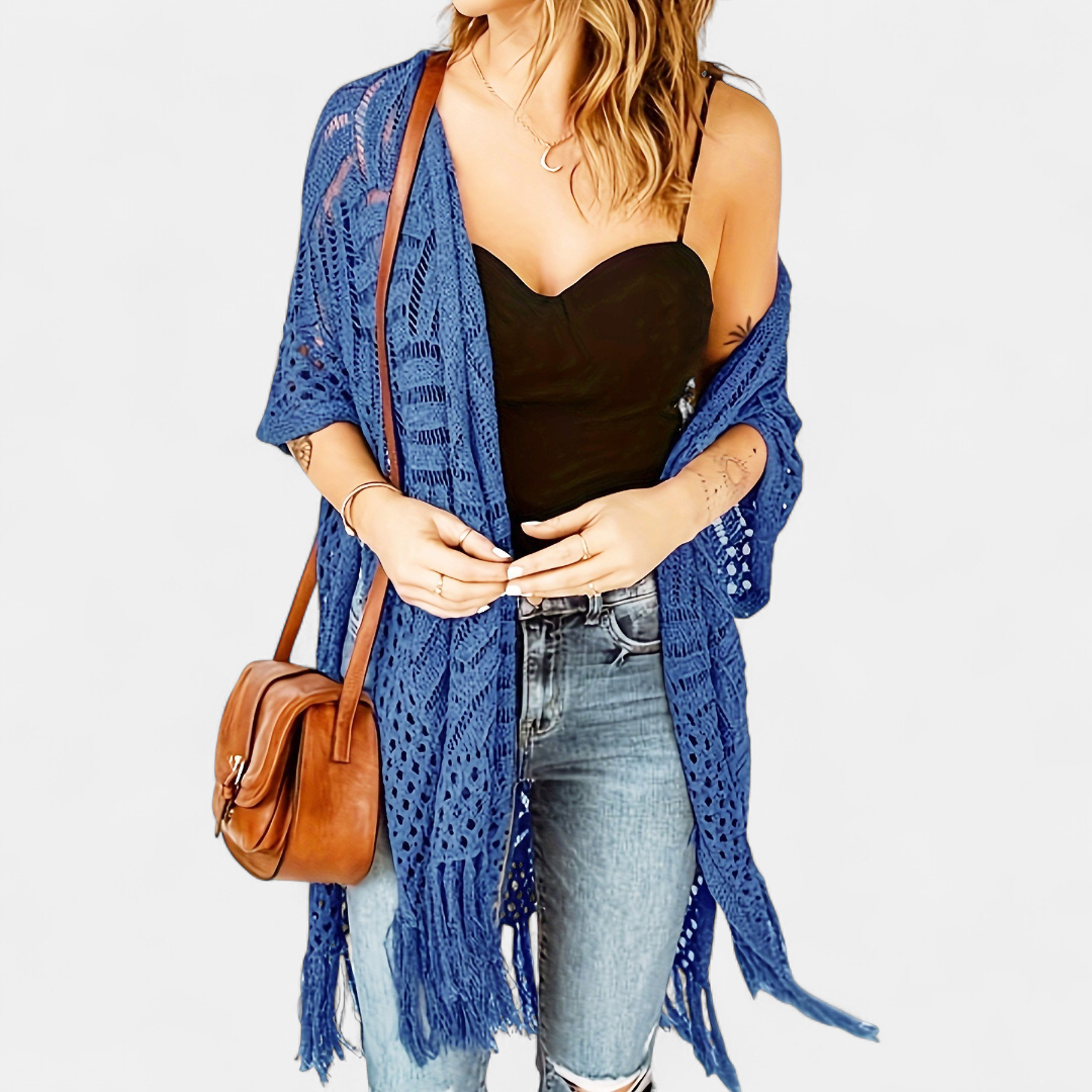 Women's Crochet Kimono Cardigan, Longline Open Knit Duster