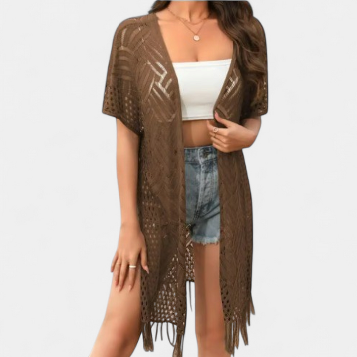 Women's Crochet Kimono Cardigan, Longline Open Knit Duster