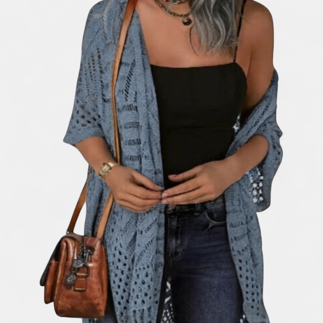 Women's Crochet Kimono Cardigan, Longline Open Knit Duster