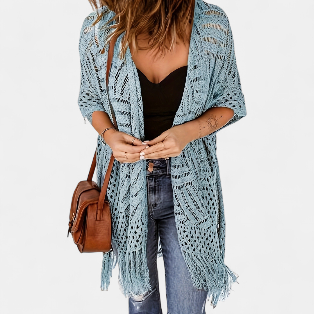 Women's Crochet Kimono Cardigan, Longline Open Knit Duster