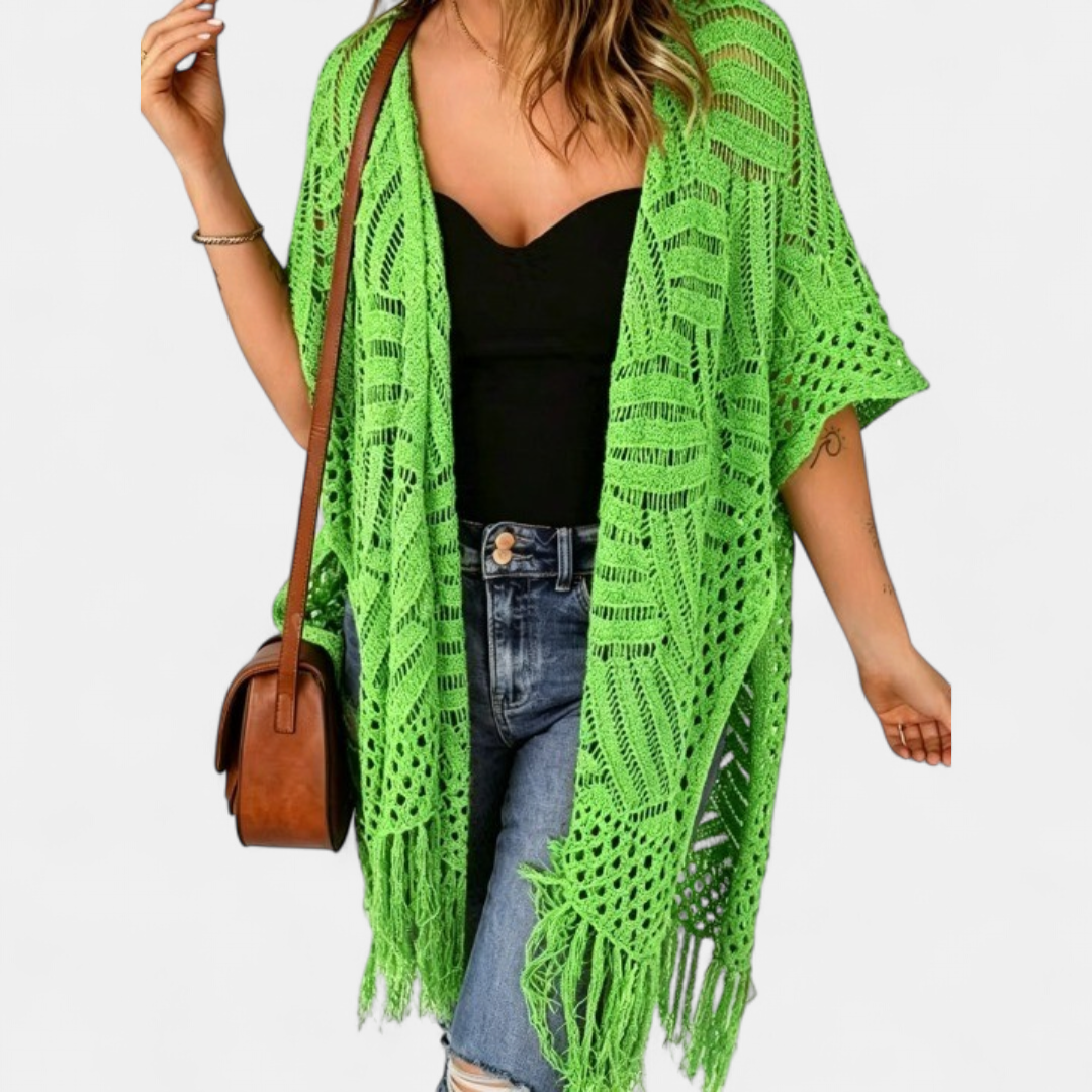 Women's Crochet Kimono Cardigan, Longline Open Knit Duster