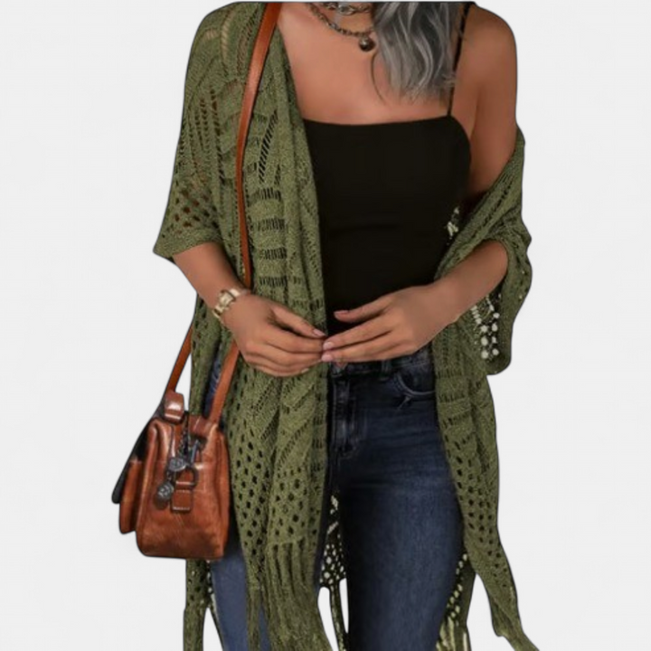 Women's Crochet Kimono Cardigan, Longline Open Knit Duster