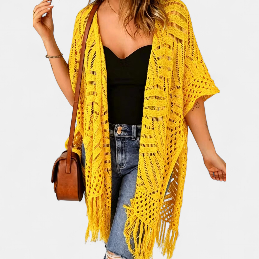 Women's Crochet Kimono Cardigan, Longline Open Knit Duster