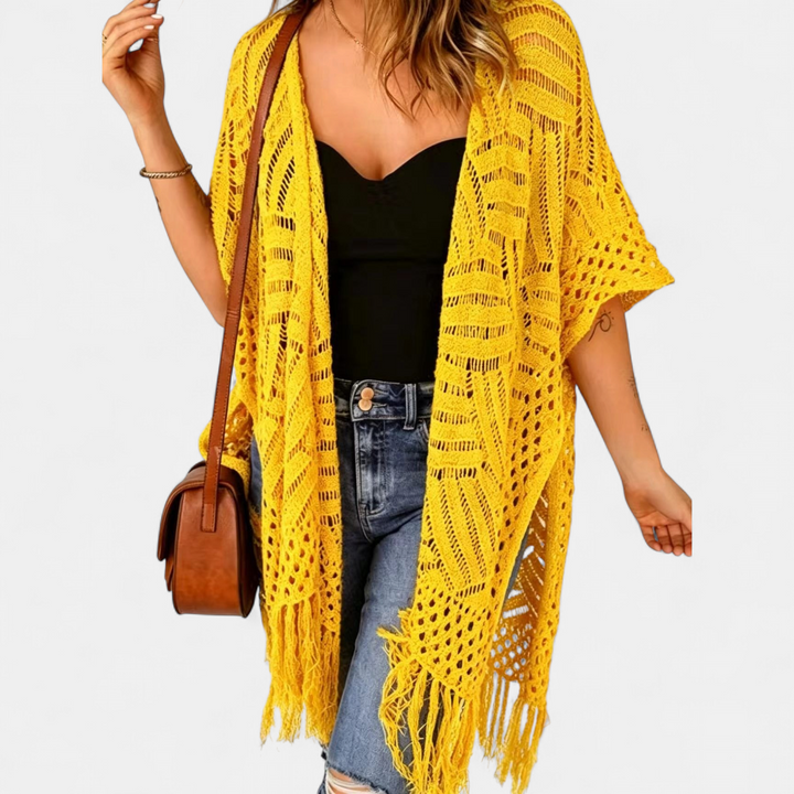 Women's Crochet Kimono Cardigan, Longline Open Knit Duster