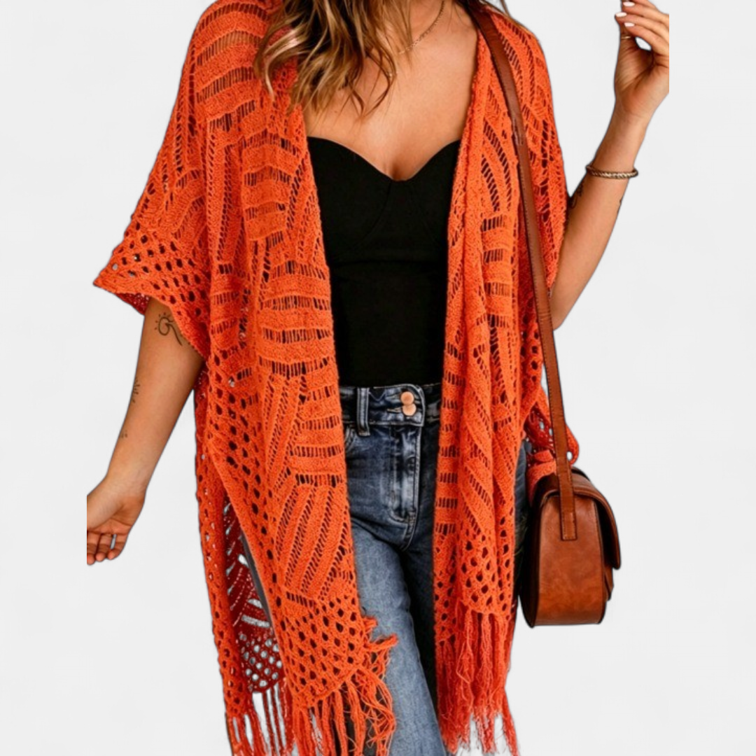 Women's Crochet Kimono Cardigan, Longline Open Knit Duster