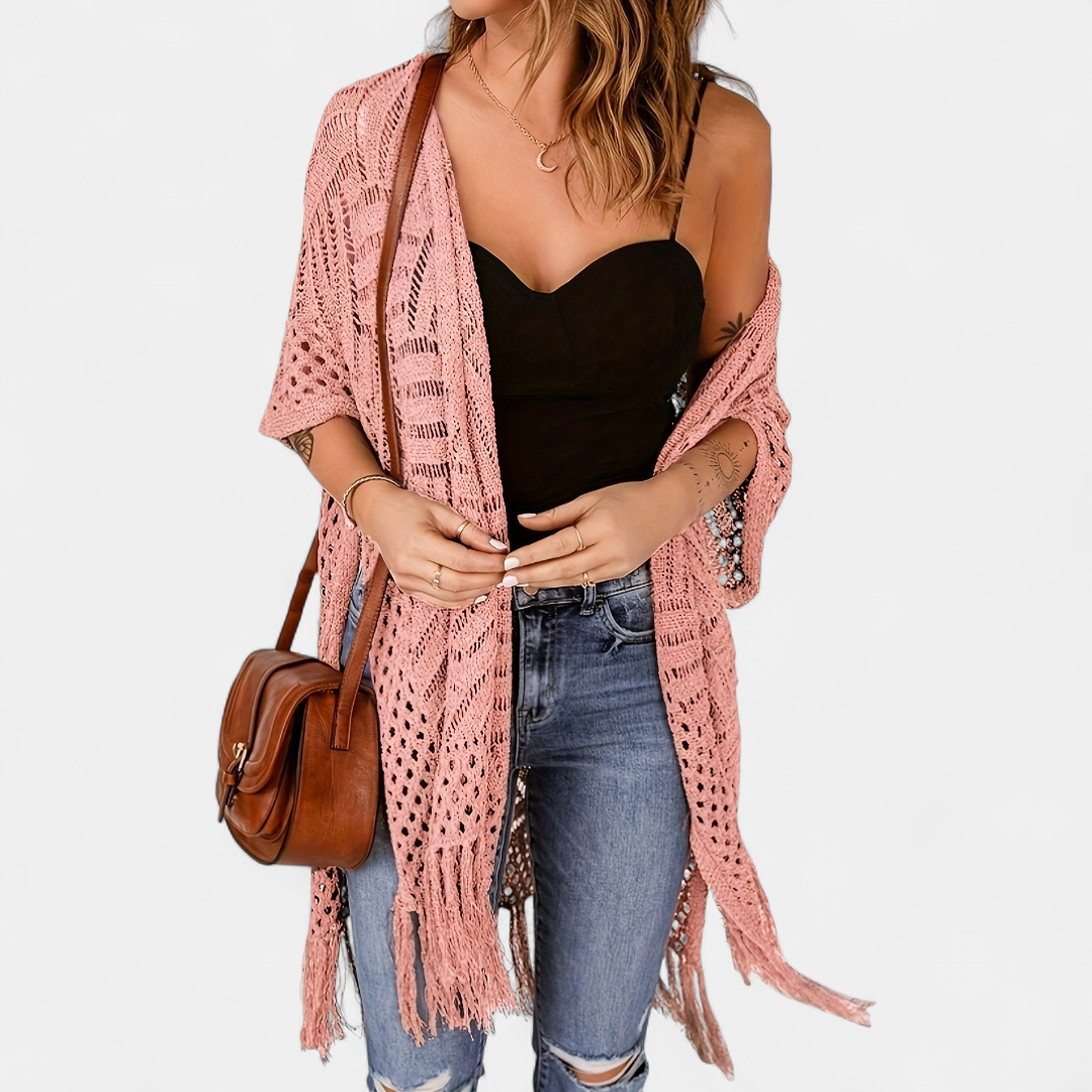 Women's Crochet Kimono Cardigan, Longline Open Knit Duster
