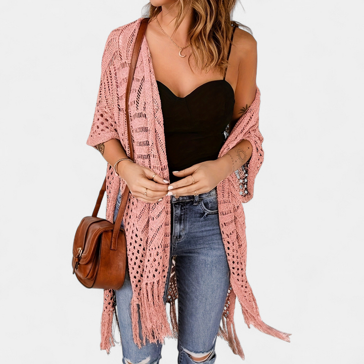 Women's Crochet Kimono Cardigan, Longline Open Knit Duster