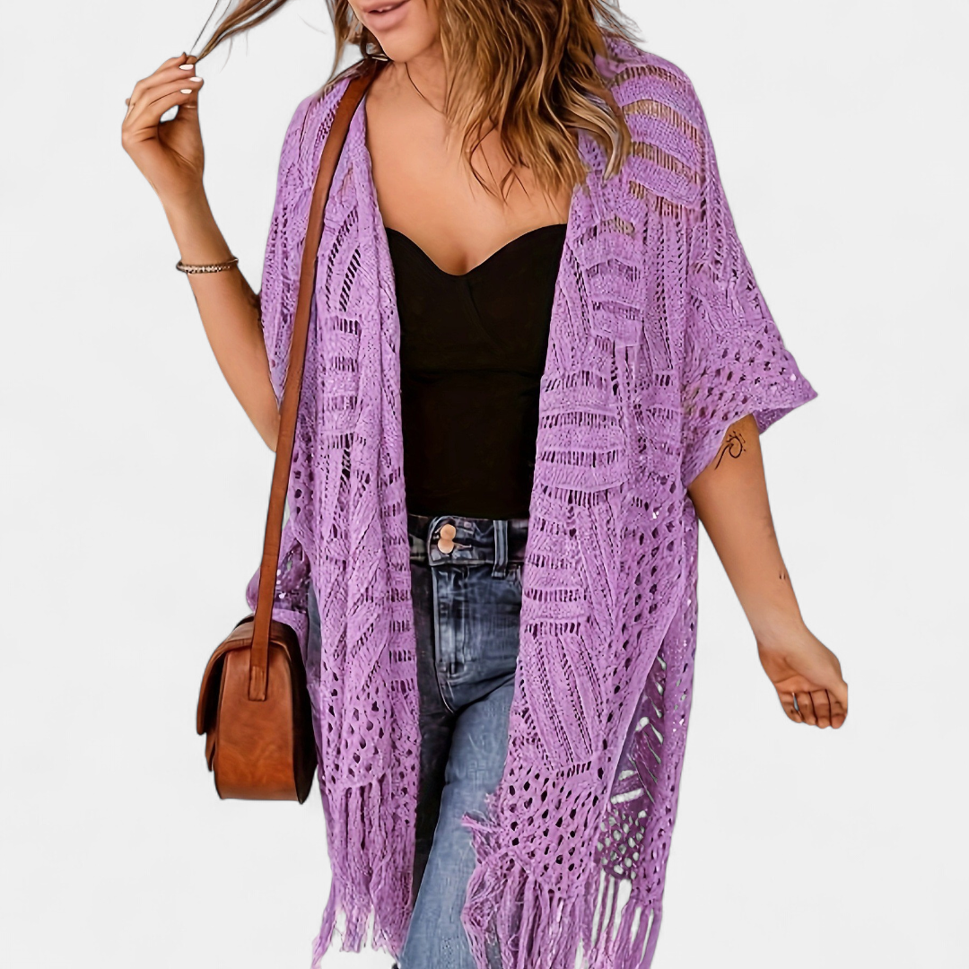 Women's Crochet Kimono Cardigan, Longline Open Knit Duster
