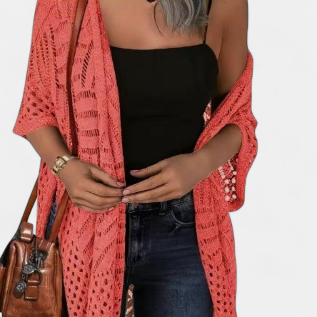Women's Crochet Kimono Cardigan, Longline Open Knit Duster
