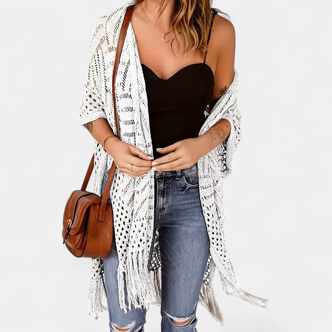 Women's Crochet Kimono Cardigan, Longline Open Knit Duster