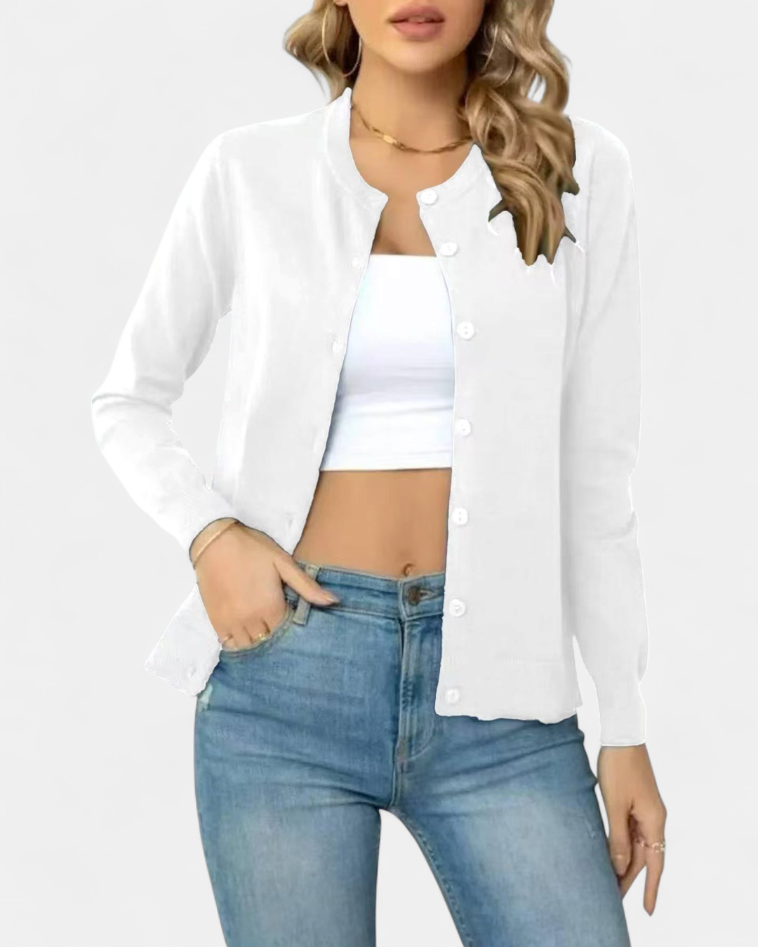 Women's Cropped Knit Cardigan, Fitted Button Up Long Sleeve