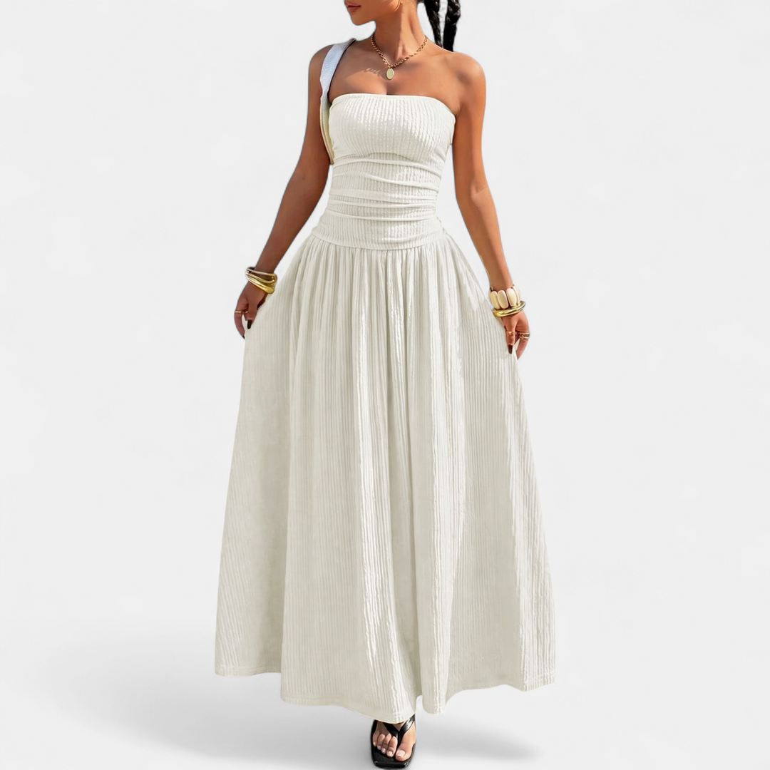Women's Strapless Maxi Dress, Ruched Ribbed Stretch A Line
