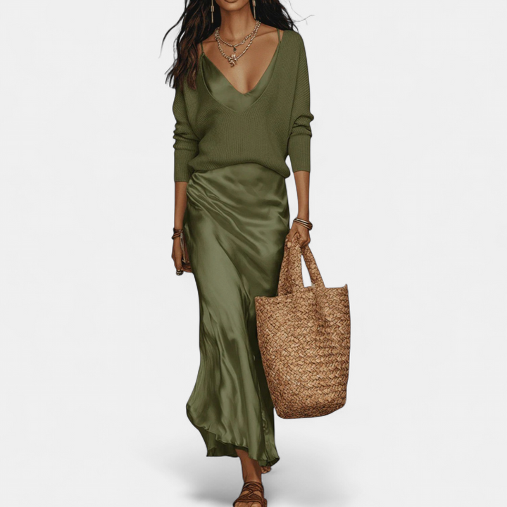 Women's Coord Set, Midi Satin Relaxed Ribbed Knit A Line