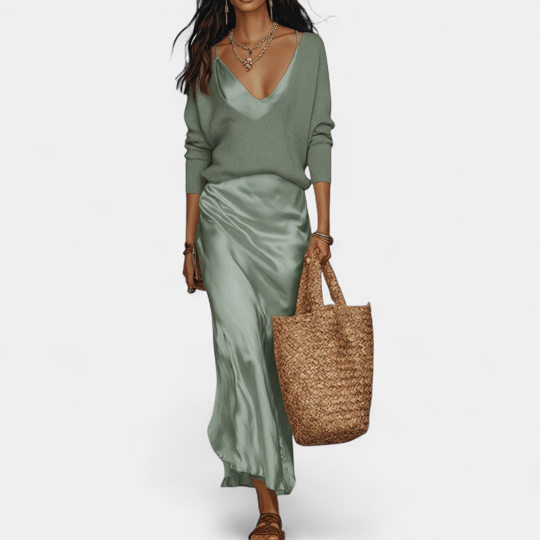 Women's Coord Set, Midi Satin Relaxed Ribbed Knit A Line