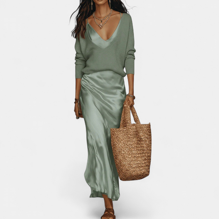 Women's Coord Set, Midi Satin Relaxed Ribbed Knit A Line