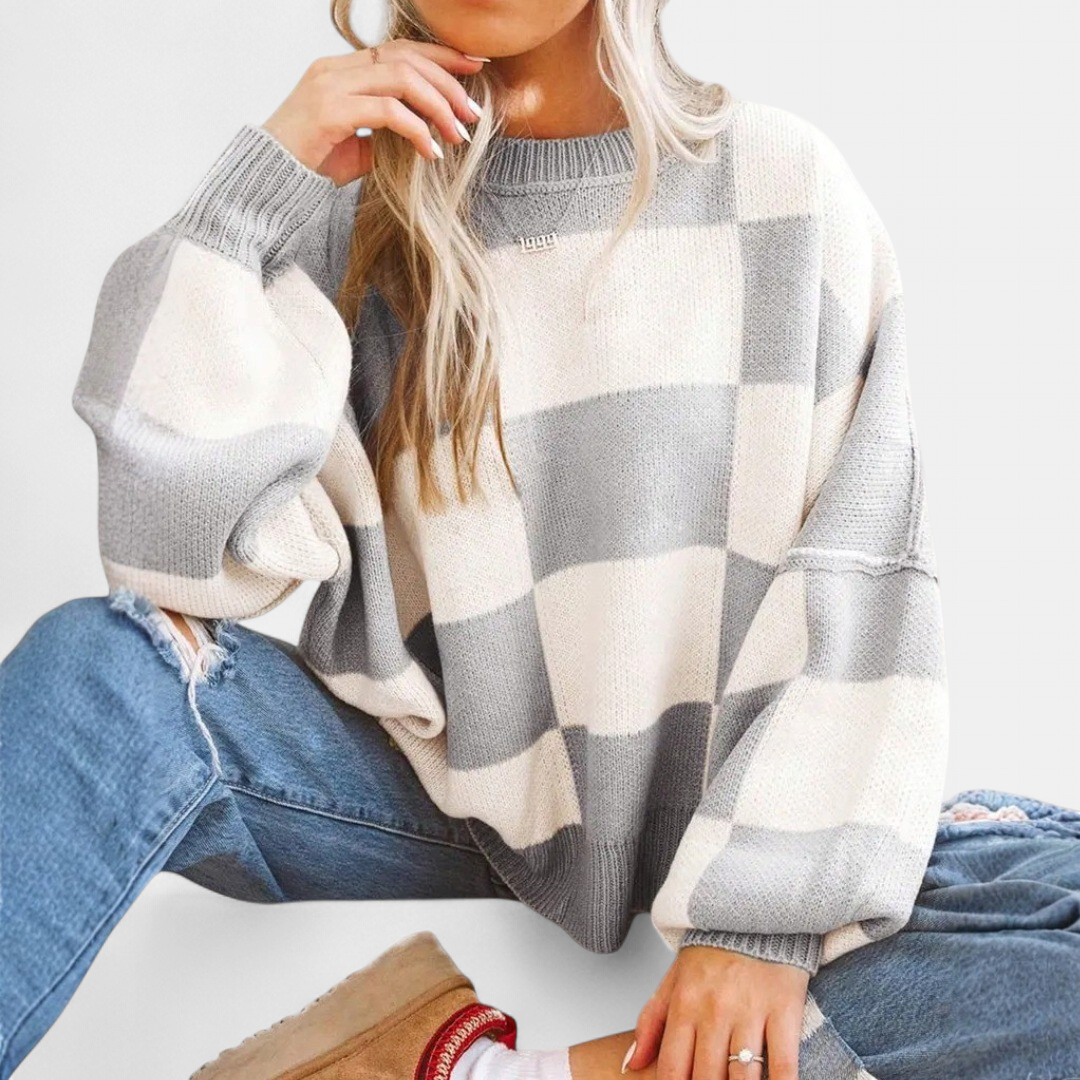 Women's Knitted Jumper, Jacquard Crew Neck Puff Sleeve