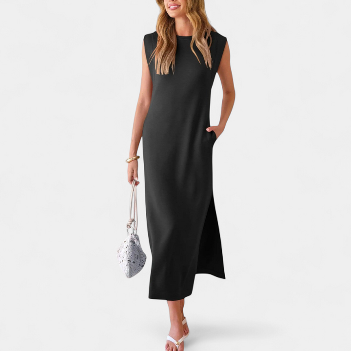 Women's Sleeveless Slit Maxi Dress, Crew Neck Side Pocket