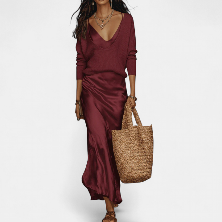 Women's Coord Set, Midi Satin Relaxed Ribbed Knit A Line