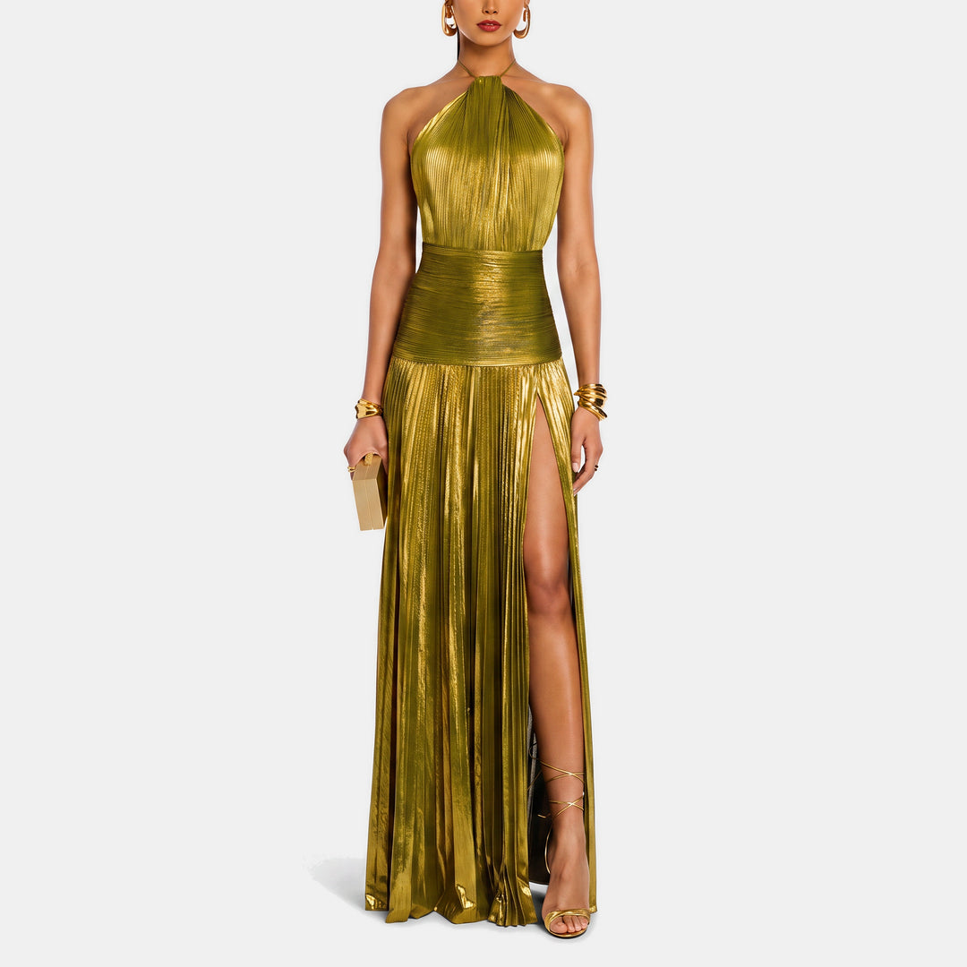 Women's A Line Halter Open Back Cocktail Dress, Metallic Pleated Slit Maxi