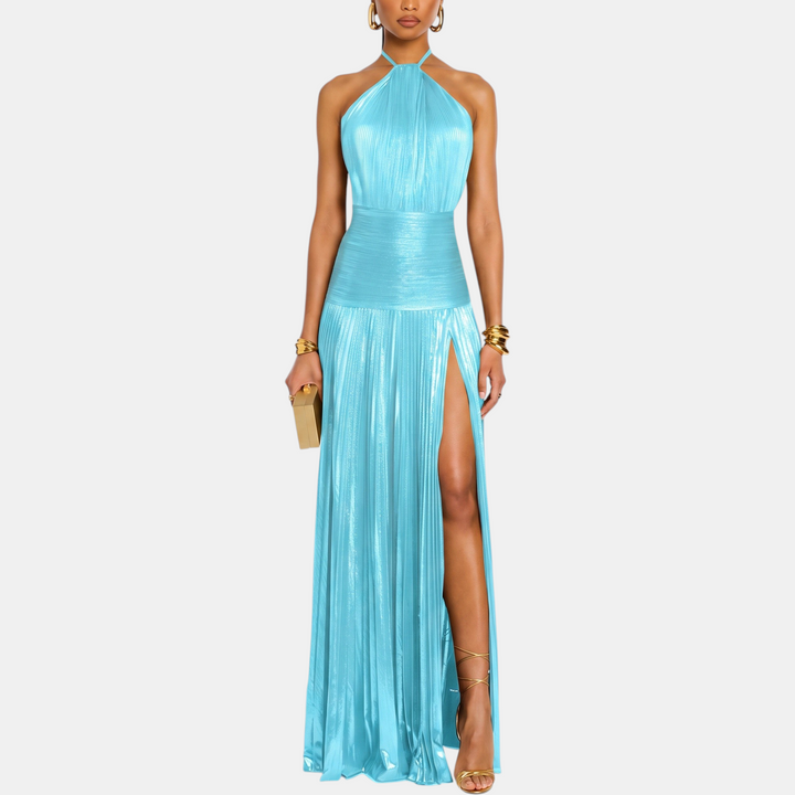 Women's A Line Halter Open Back Cocktail Dress, Metallic Pleated Slit Maxi